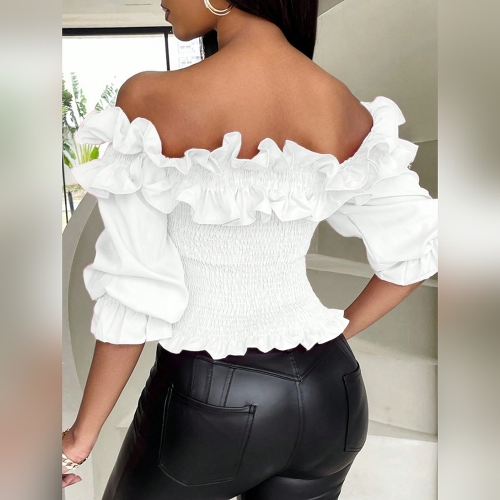 Ladies' Off-Shoulder Long-Sleeved Blouse With Ruffle Hem - Picture 2 of 4
